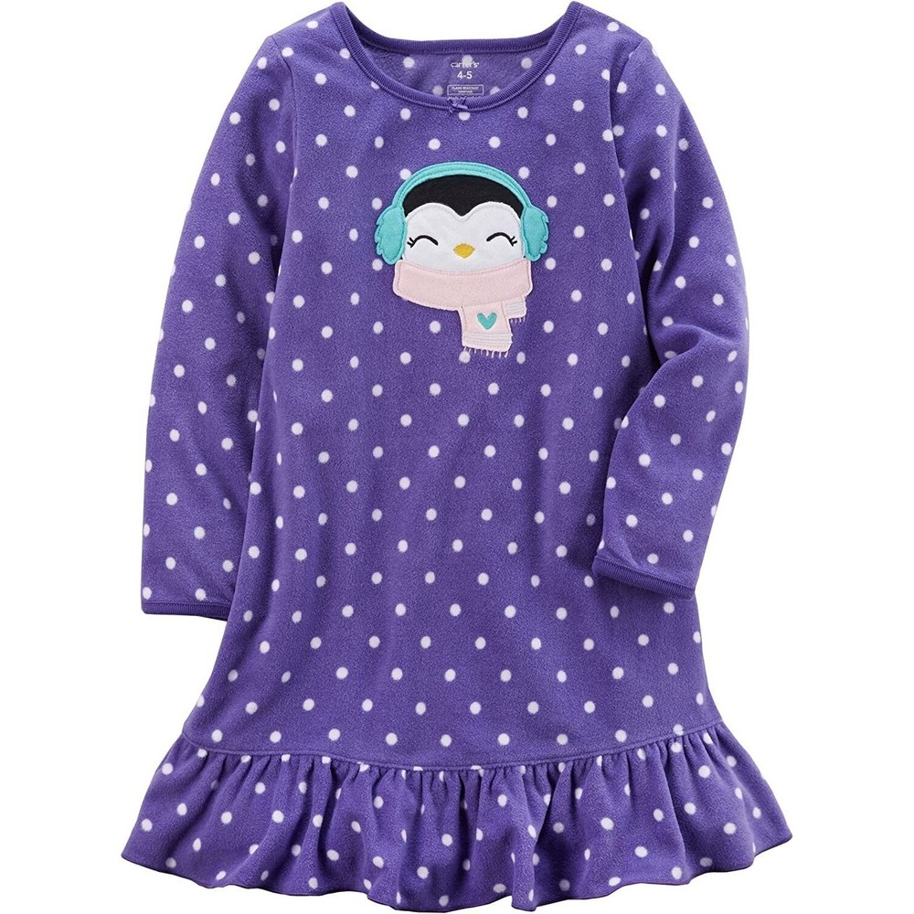 NEW Carter’s Little Girl Penguin Plush Fleece Purple Nightgown Pajamas Size 6-7